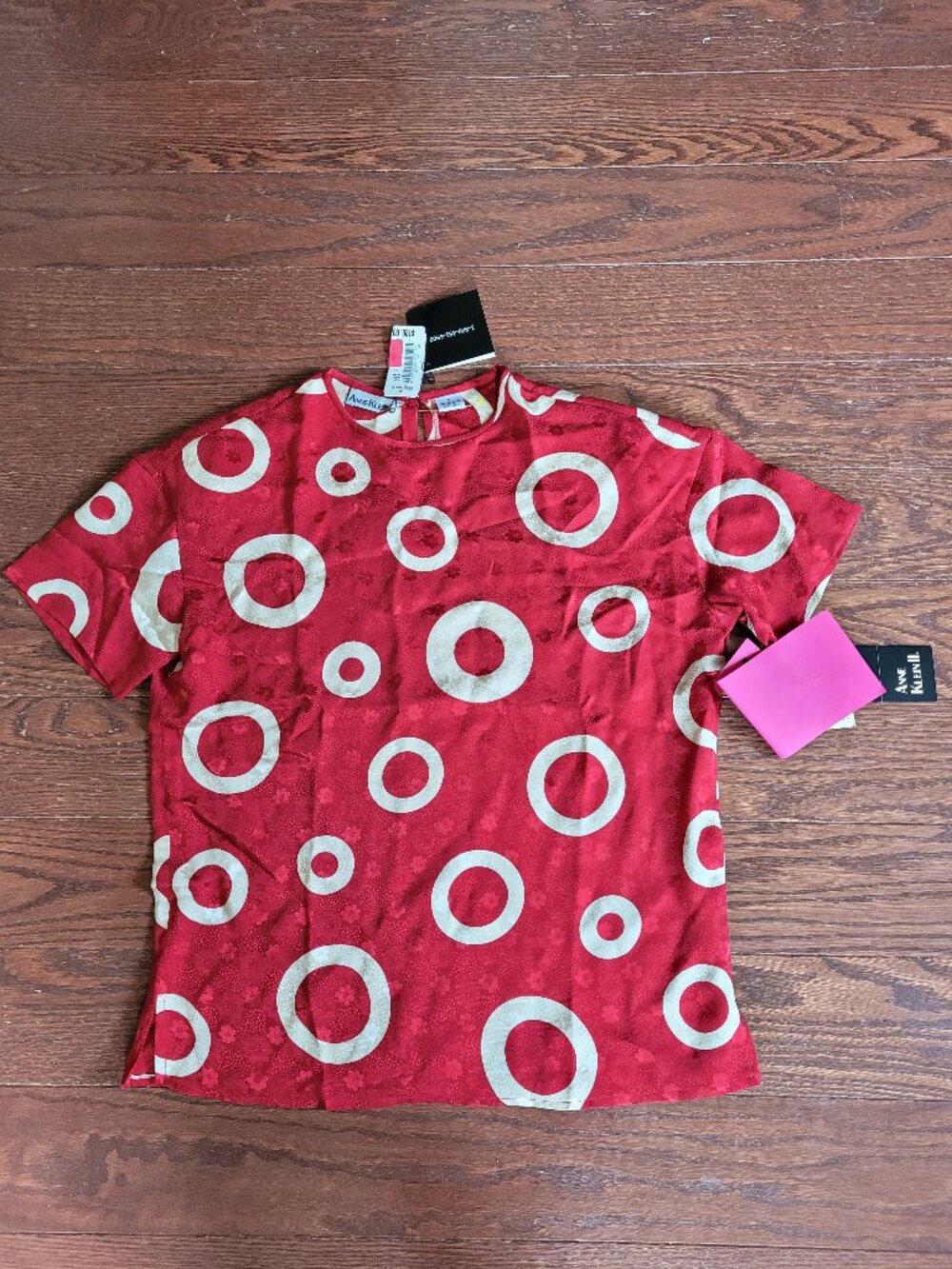 NWT Anne Klein Vintage 100% Silk Red White Circle blouse Sz 4